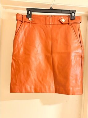 NWOT LOFT Burnt Orange Faux Leather Mini Skirt with Gold-Tone Accents